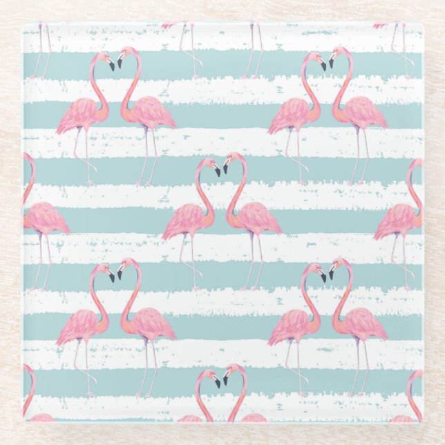 Exotic Flamingo Striped Background Pattern Glass Coaster (Front)