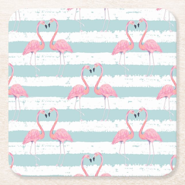 Exotic Flamingo Striped Background Pattern Square Paper Coaster (Front)