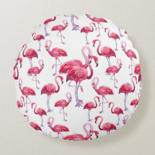 Exotic Flamingo Watercolor Bird Round Cushion