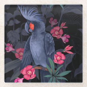 Exotic Floral Black Parrot: Tropical Nature Glass Coaster