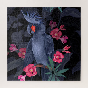 Exotic Floral Black Parrot: Tropical Nature Jigsaw Puzzle