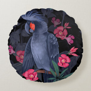 Exotic Floral Black Parrot: Tropical Nature Round Cushion