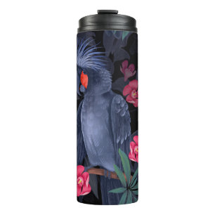 Exotic Floral Black Parrot: Tropical Nature Thermal Tumbler