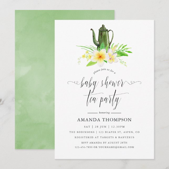 Exotic Floral Frangipani Baby Shower Tea Party Invitation (Front/Back)