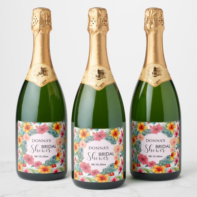 Exotic Floral Hawaiian Bridal Shower Sparkling Wine Label (Bottles)