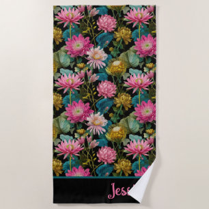 Exotic Floral Pattern Lush Tropical Foliage Name Beach Towel