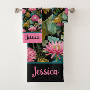 Exotic Floral Pattern Lush Tropical Leaves Name Bath Towel Set