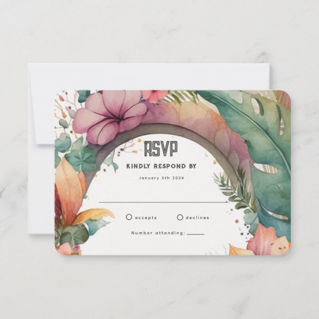 Exotic Flower Arch Summer Garden Wedding RSVP Card (Front)