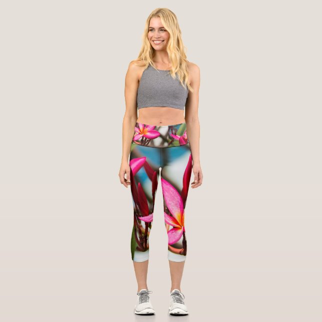 Exotic flower background plumeria blooms capri leggings (Front)