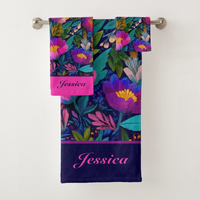 Exotic Flower Blossoms Bold Botanical Chic Name Bath Towel Set (Insitu)