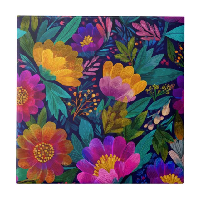 Exotic Flower Blossoms Bold& Elegant Chic Floral Tile (Front)