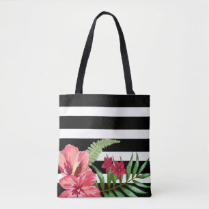 Exotic Flowers And Black White Stripes Tote Bag