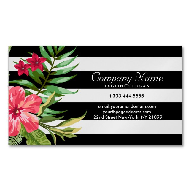 Exotic Flowers And White And Black Stripes Magnetic Business Card (Front)