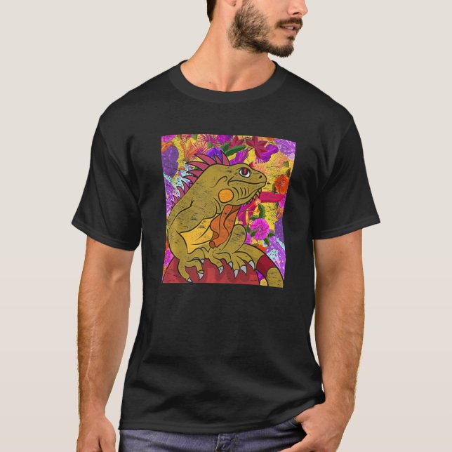 Exotic Flowers Animal  Reptile Lizard Floral Iguan T-Shirt (Front)