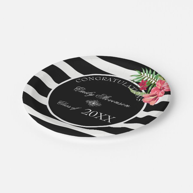 Exotic Flowers Black Stripes- Graduations Paper Plate (Angled)