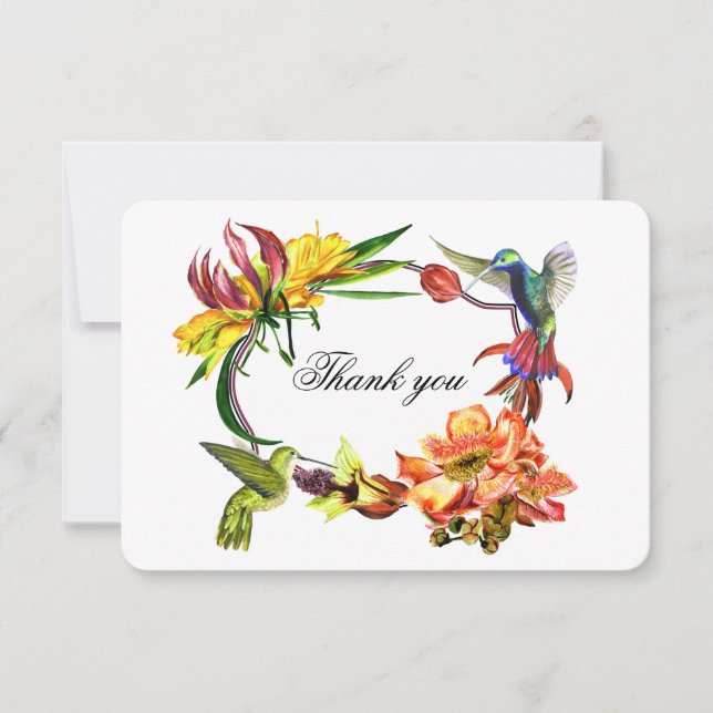 Exotic flowers thank you. humming bird wedding thank you card (Front)