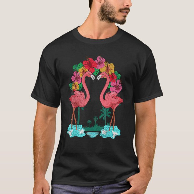 Exotic Flowers Zoo Animal Bird Palm Trees Pink Fla T-Shirt (Front)
