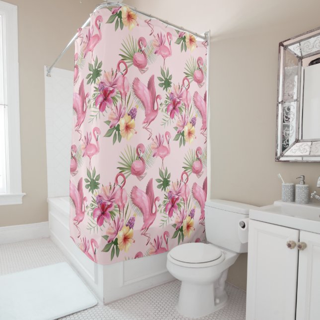 Exotic Flying Flamingo And Flowers Shower Curtain (In Situ)