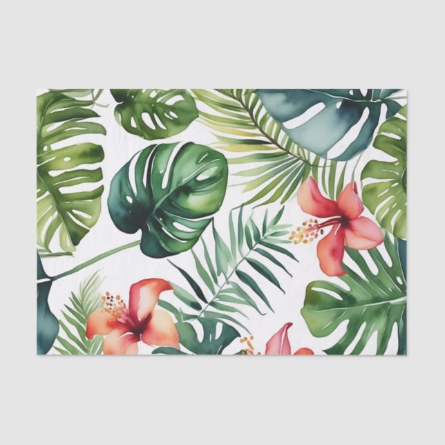 Exotic Foliage Tropical Watercolor And Flowers Tissue Paper (Front)