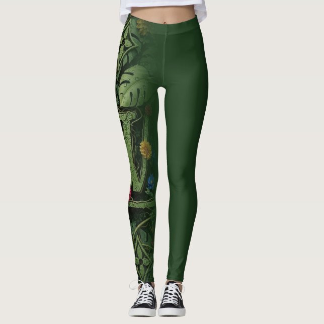 Exotic Forest Floral Monogram Aesthetic Wrap Leggings (Front)