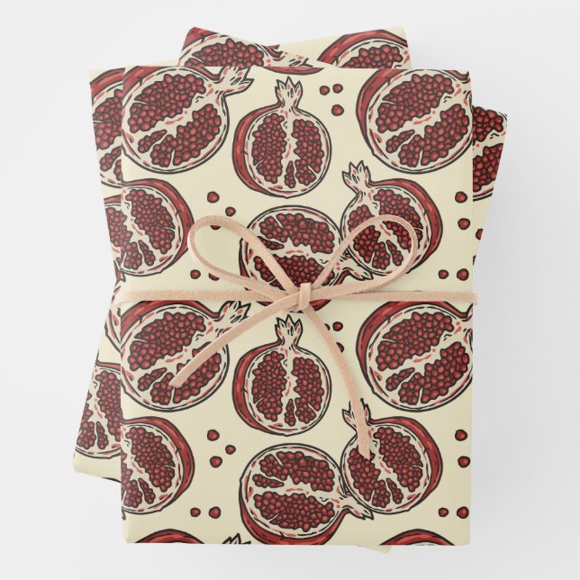 Exotic fruit summer red pomegranate pattern wrapping paper sheet (In situ)