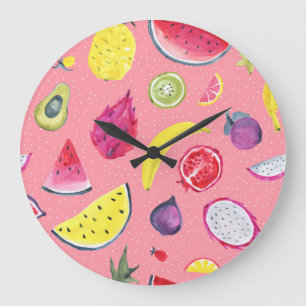 Exotic Fruit: Tropical Hand-Drawn Pattern Large Clock