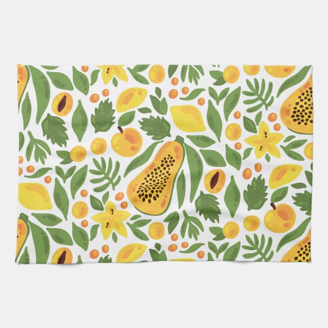 Exotic Fruits Ensemble: Papaya, Lemon, Mango Tea Towel (Horizontal)