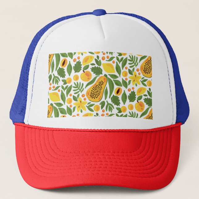 Exotic Fruits Ensemble: Papaya, Lemon, Mango Trucker Hat (Front)