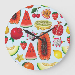 Exotic Fruits: Trendy Print Seamless. Large Clock
