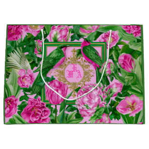 Exotic Garden Glam Pink and Green Monogram  Large Gift Bag