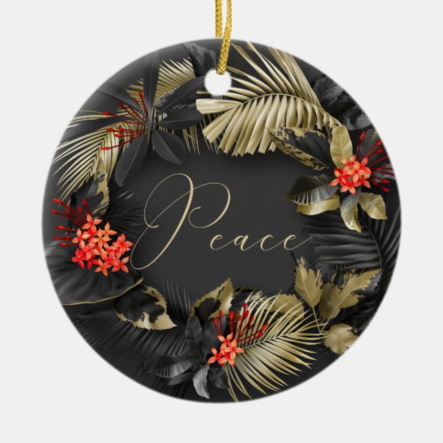 Exotic Gold Red Ebony Peace and Joy Tropical Ceramic Tree Decoration (Front)