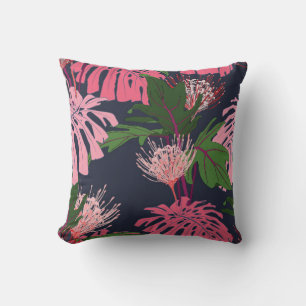 Exotic green and pink tropical palm leaves and pro cushion