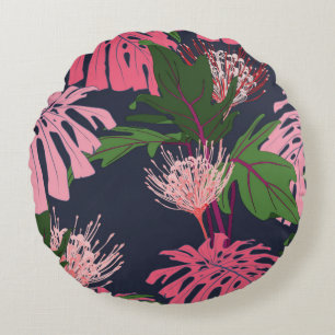 Exotic green and pink tropical palm leaves and pro round cushion