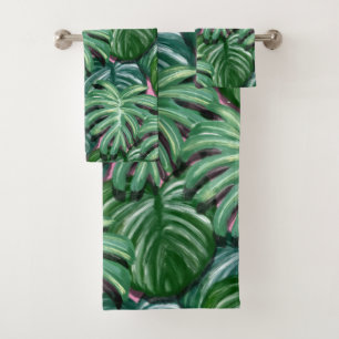 Exotic Green Tropical Leaves Pattern Bath Towel Set