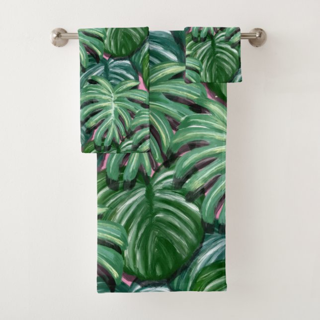 Exotic Green Tropical Leaves Pattern Bath Towel Set (Insitu)