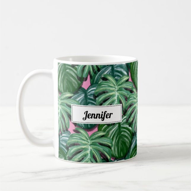 Exotic Green Tropical Leaves Pattern Coffee Mug (Left)