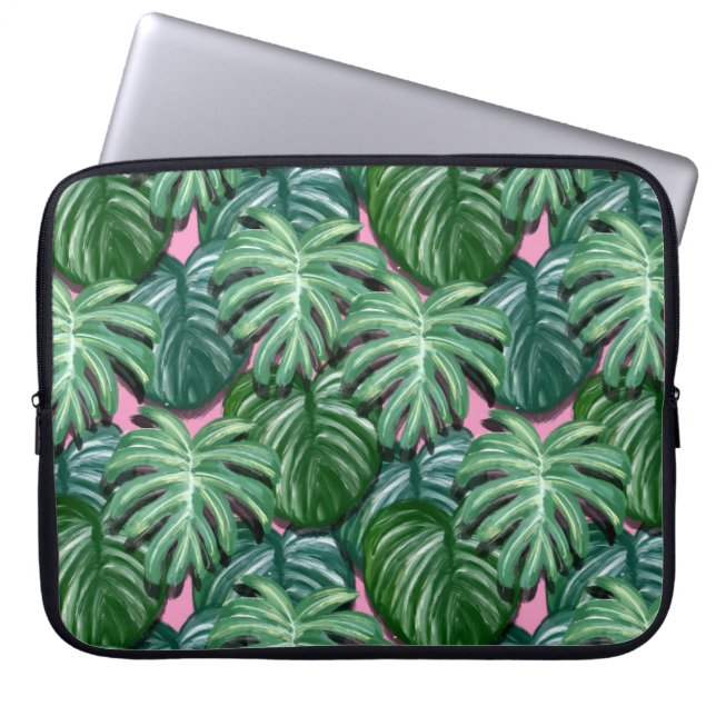 Exotic Green Tropical Leaves Pattern Laptop Sleeve (Front)