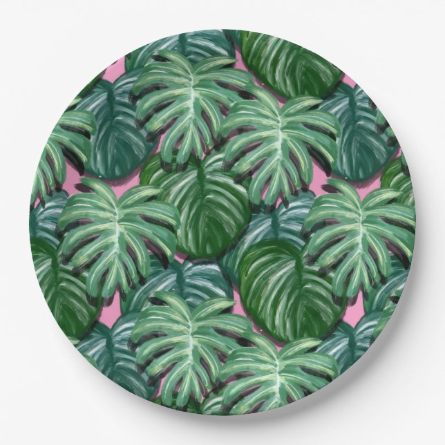 Exotic Green Tropical Leaves Pattern Paper Plate (Front)