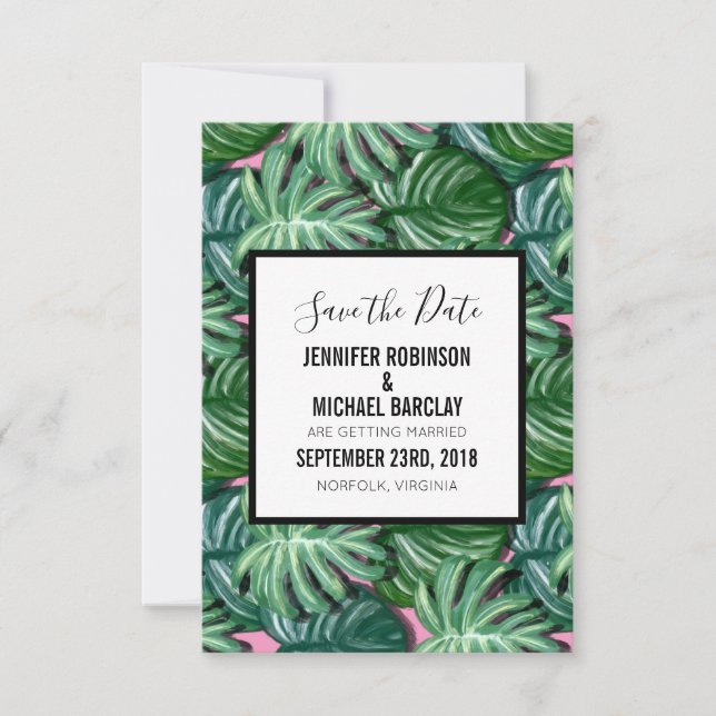 Exotic Green Tropical Leaves Pattern Save the Date (Front)