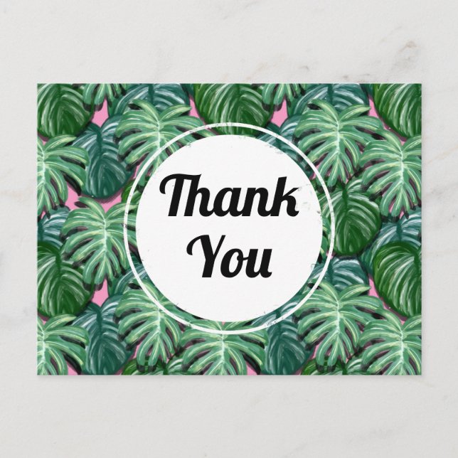 Exotic Green Tropical Leaves Pattern Thank You Postcard (Front)