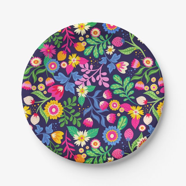 Exotic Hand Painted Floral Pattern Paper Plate (Front)