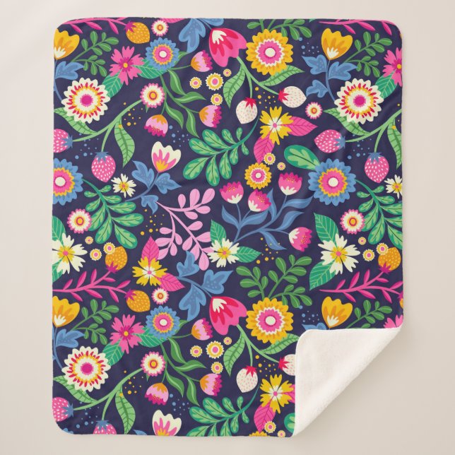 Exotic Hand Painted Floral Pattern Sherpa Blanket (Front)