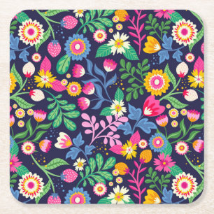 Exotic Hand Painted Floral Pattern Square Paper Coaster