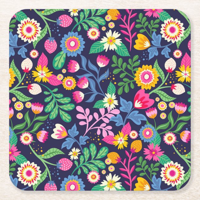 Exotic Hand Painted Floral Pattern Square Paper Coaster (Front)