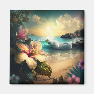 Exotic Hawaiian Flowers, Ocean and Beach Magnet