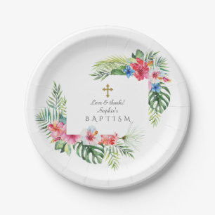 Exotic Hawaiian Tropical Floral Frame Baptism Paper Plate