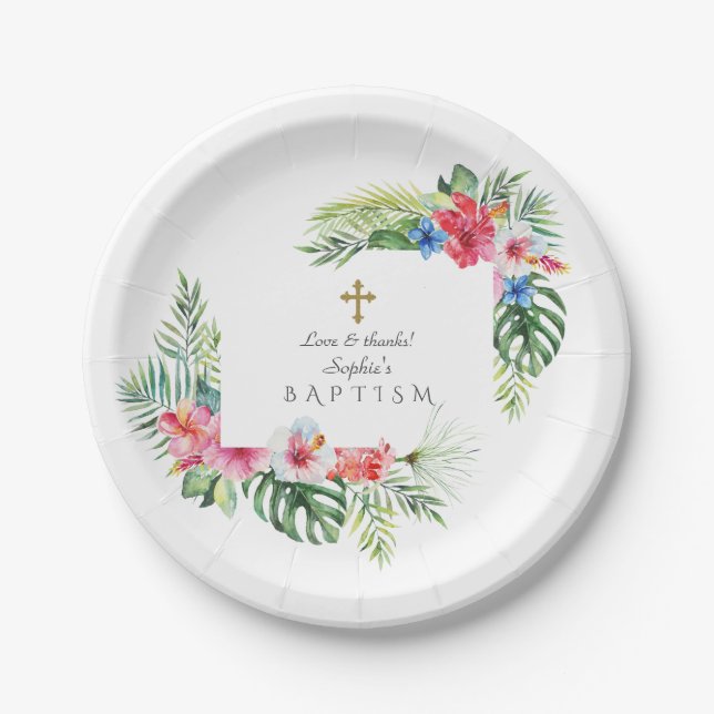 Exotic Hawaiian Tropical Floral Frame Baptism Paper Plate (Front)