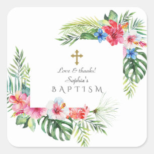 Exotic Hawaiian Tropical Floral Frame Baptism Square Sticker