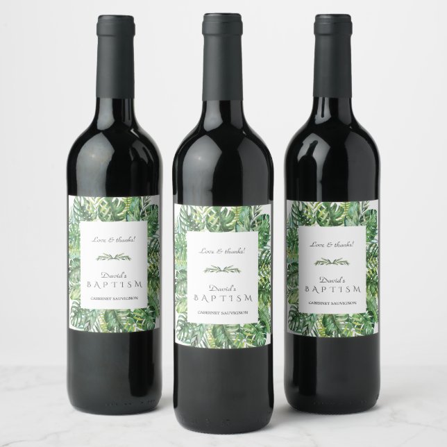 Exotic Hawaiian Tropical Floral Frame Baptism Wine Label (Bottles)