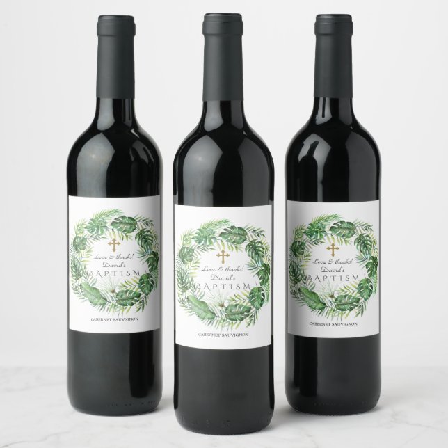 Exotic Hawaiian Tropical Foliage Wreath Baptism Wine Label (Bottles)